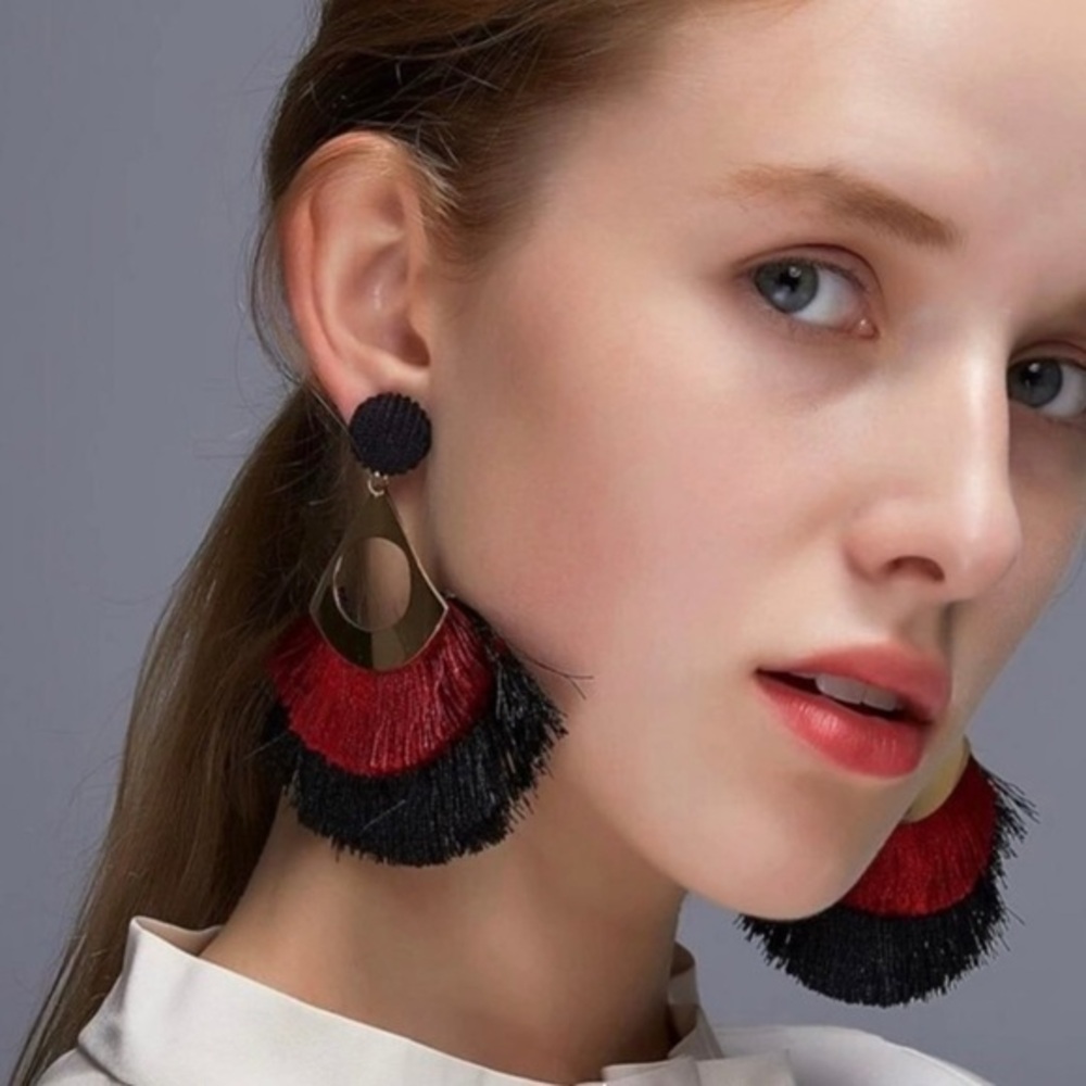 ✨Black & Red Fringe Statement Earrings - Women Jewelry